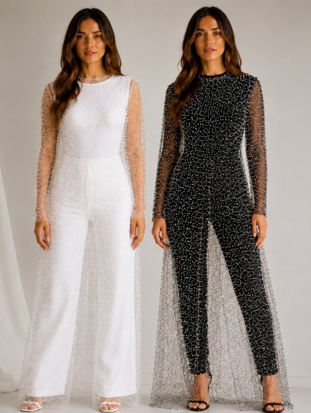 Sheer Dress Pearl Rhinestone Mesh Maxi Overlay Duster Festival Bridal Glam Beach